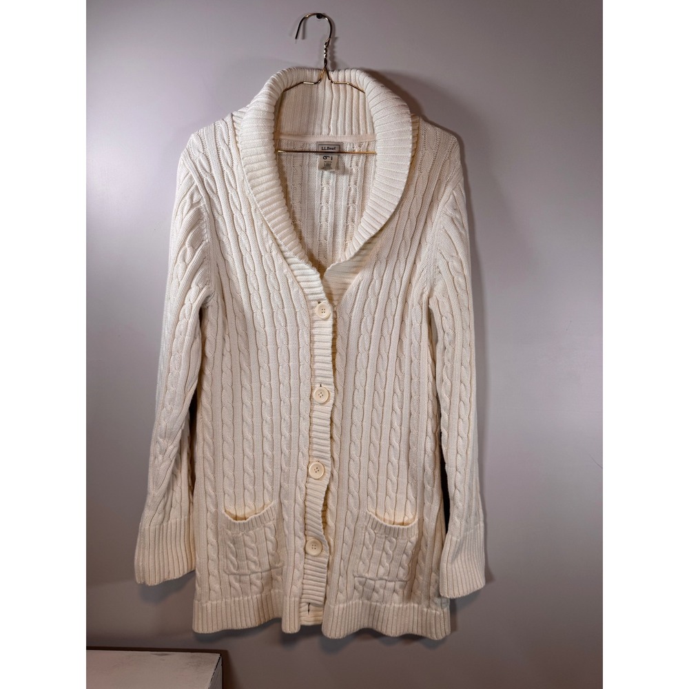 LL Bean Womens Cream Cable Knit Shawl Collar Button Front Cardigan Sweater L-REG